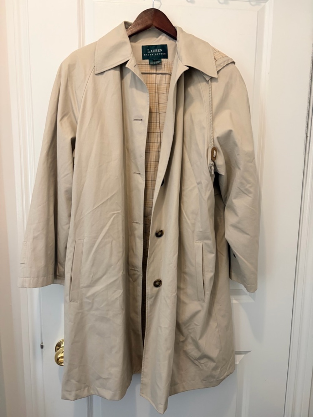 Lauren Ralph Lauren Cotton Hooded Trench Coat w/ Plaid Lining - Large